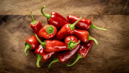 Fotobehang red hot chili peppers on wooden background © Dan Marsh