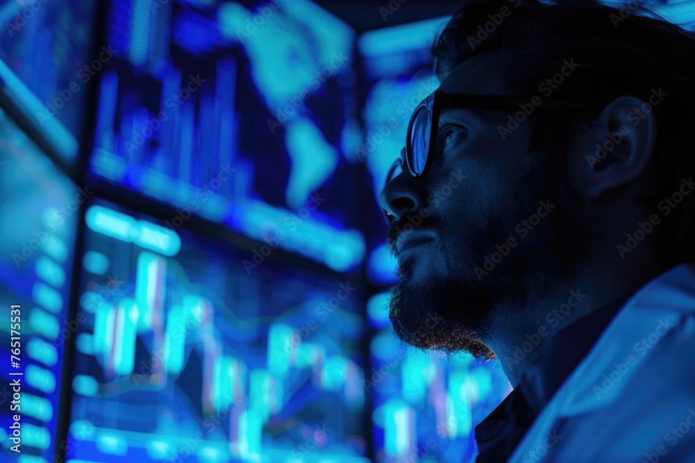 Poster Scientist in lab coat analyzing data on monitor, suitable for scientific and technology concepts