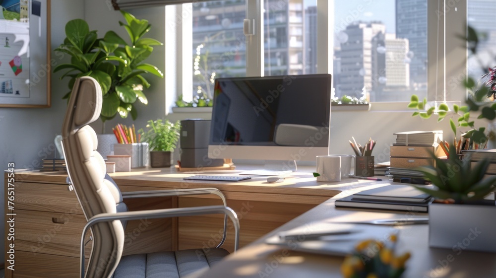 Aufkleber A modern office desk setup with a computer monitor and a plant. Suitable for business and technology concepts