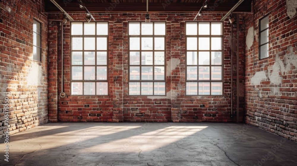 Poster A simple and versatile image of an empty room with a brick wall and large windows. Suitable for various design projects