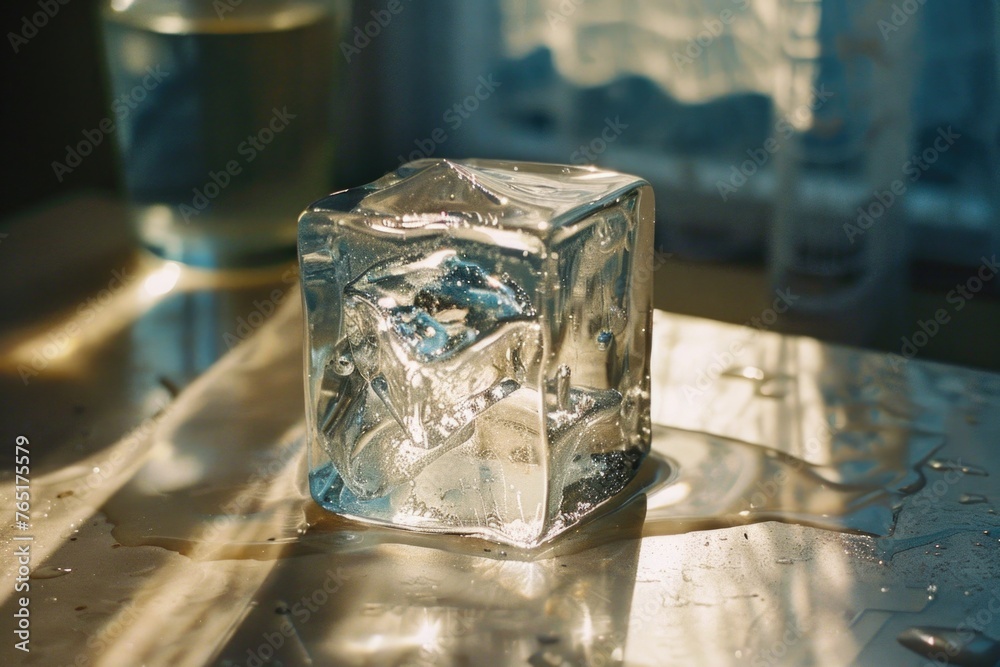 Aufkleber A clear ice block resting on a table. Suitable for various concepts