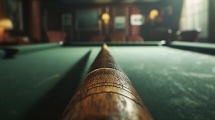 A pool table with a cue stick ready for a game. Suitable for sports and leisure concepts - Powered by Adobe