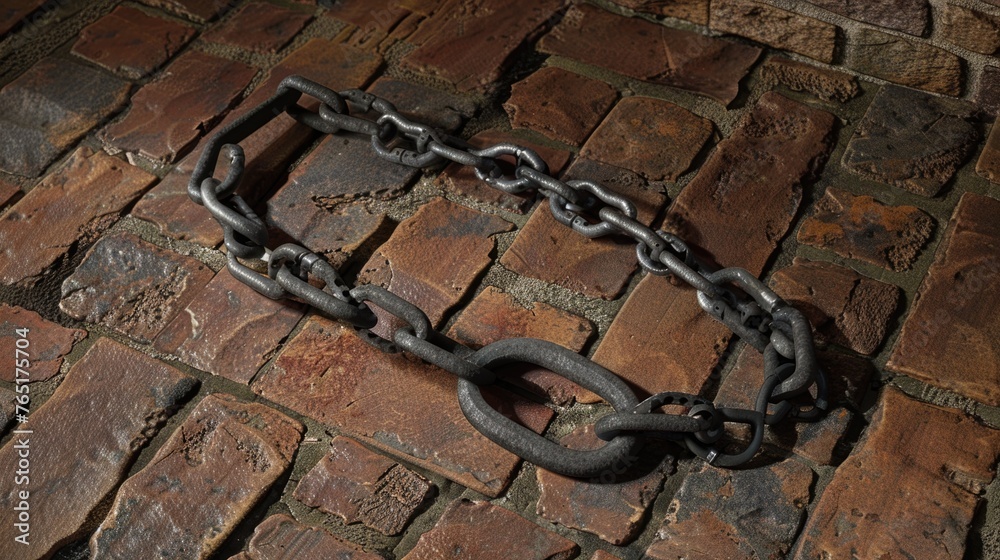 Poster a chain and padlock laying on a brick floor. suitable for security or industrial concepts