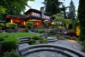 Beautiful backyard exterior small house. Garden outdoor. Generate Ai