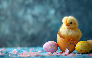Adorable easter chick: sweet baby nestled in painted eggshell fragments amidst table of easter eggs
