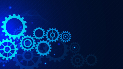 Futuristic gear wheel and cogs mechanism. High digital technology and engineering concept on dark blue background.