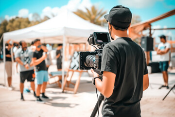 In the image, there is a man wearing a black cap and shirt, holding a video camera on a tripod. Behind him, there is a group of people standing under a white tent.