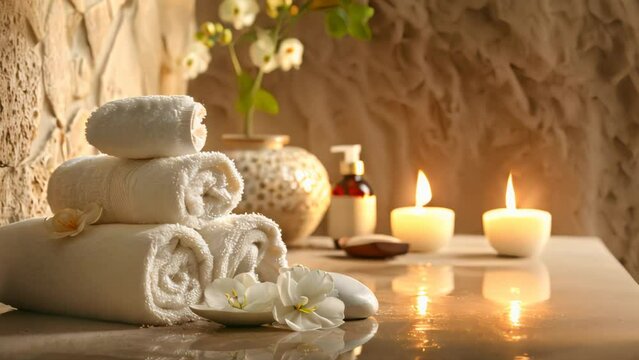 Spa wellness setting with rolled towels, candles, and flowers. Relaxation and spa treatment concept.