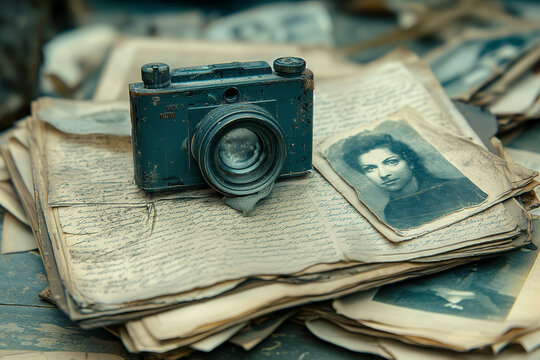 A vintage camera sits atop a pile of old letters and photographs.