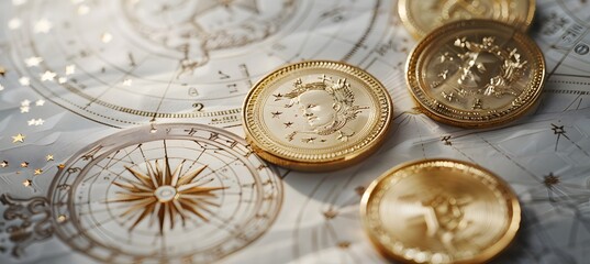 Photo of gold coins and a base depicting the sun, moon and stars in an ancient astrological chart with  two gold coins placed next to it, financial advertising design