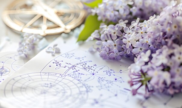Close up photo of white paper with astrological charts and lilac flowers on the table