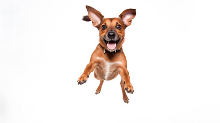 dog jumping on white background, looking at camera