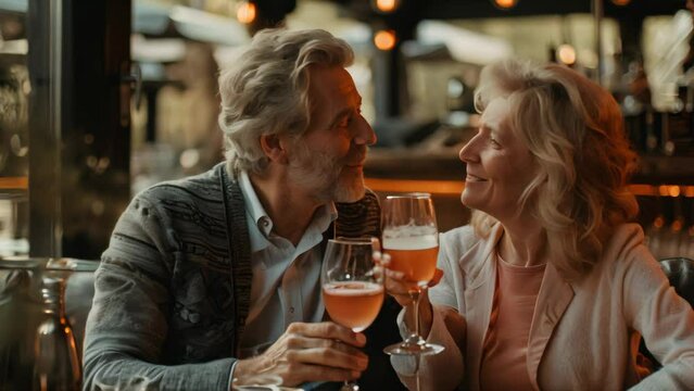 Senior couple toasting with glasses of wine at a restaurant.