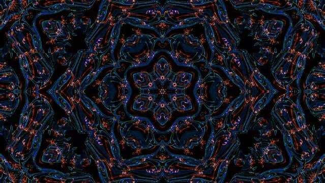 Abstract Kaleidoscope pattern with full colors. Magic mandala. 4k of smooth lines waves glittering light effect on round shape in center, black background 
