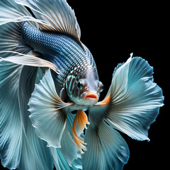 amazing bright azur color Betta fish with long tail and fins posing against black background. close up. Digital artwork.  Ai generated