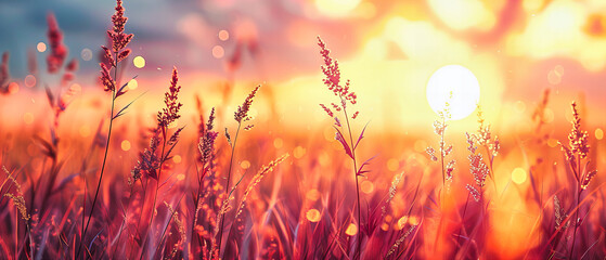 Sunset over Flower Field, Natures Beauty at Dusk, Bright Colors and Soft Landscape
