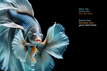 amazing bright azur color Betta fish with long tail and fins posing against black background. close up. Digital artwork.  Ai generated - 765176361