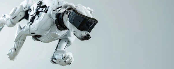 Futuristic robot dog with a visor standing in a city environment, hinting at AI technology. - obrazy, fototapety, plakaty