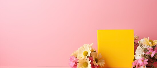 A yellow square box filled with colorful flowers against a gentle pink background - Powered by Adobe
