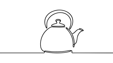 Single continuous line drawing kettle with handle. Camping cooking equipment. Gas stove kettle. Camping kettle. Metal kitchen utensil for tea. one line draw design vector illustration.