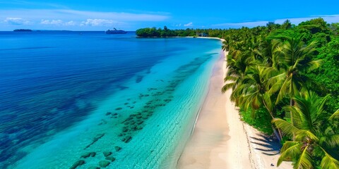 Island paradise with palm trees, sandy shore, and a cruise in blue sea