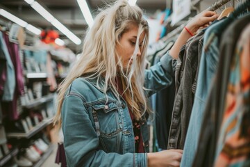 A casual young woman browsing and choosing clothes in a clothing store, indicating a retail shopping environment