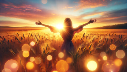 Golden Field and Silhouette Greeting the Sunrise - obrazy, fototapety, plakaty