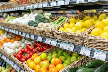 A vibrant display of fresh fruits and vegetables neatly organized in baskets at a supermarket, with pricing labels indicating a retail setting