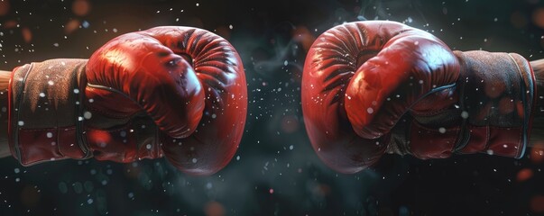 Two boxing gloves facing each other with water droplets in the air, suggesting a powerful impact or confrontation