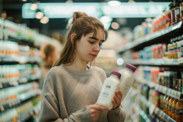 A young woman in a grocery store is comparing two bottles, possibly of milk or another dairy product, in a supermarket aisle