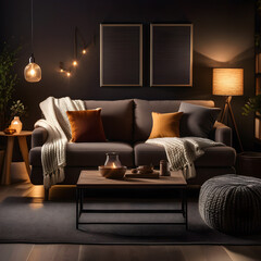 Inviting living room with plush couch, coffee table and ottoman - obrazy, fototapety, plakaty
