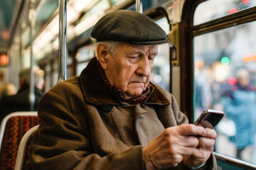 An older gentleman is using a smartphone while seated in a streetcar or tram, appearing to be engaged with the device