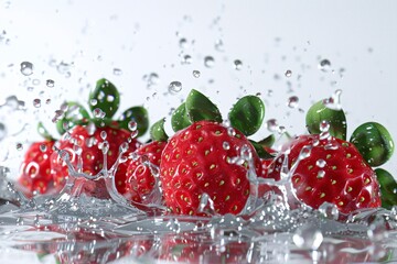 a group of strawberries splashing water