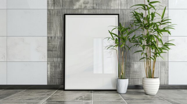 Potted bamboo beside a large blank picture frame against a textured wall