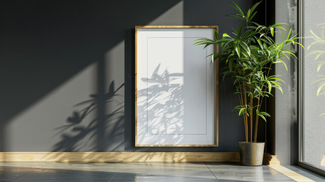 Chic interior showcasing shadow art from a houseplant on an empty picture frame