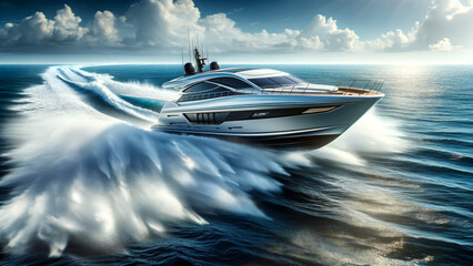 High-Speed Elegance White Hull Yacht over Ocean Waves - obrazy, fototapety, plakaty
