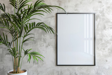 Bamboo plant and blank poster frame mockup on white wall