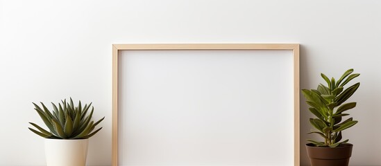 A wooden picture frame is placed on a table beside two potted houseplants. The rectangular frame complements the green terrestrial plants in the room