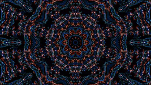 Abstract Kaleidoscope pattern with full colors. Magic mandala. 4k of smooth lines waves glittering light effect on round shape in center, black background 