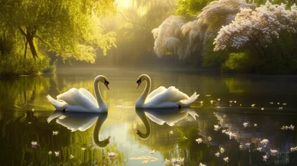 Rolgordijnen A pair of swans form a perfect reflection amidst soft morning light and floating petals on a serene lake © mikeosphoto