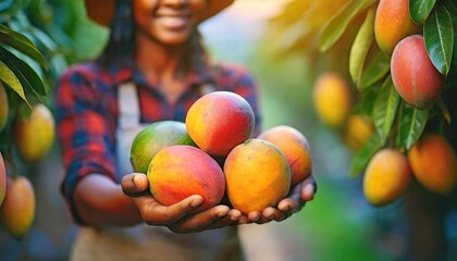 Female hands cradle an assortment of lush mangoes. The vibrant hues of the fruit reflect the richness of nature's bounty, promising sweetness and nourishment. - obrazy, fototapety, plakaty
