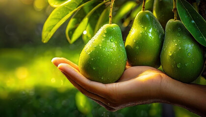 Hand Cradling Fresh Green Avocado with Dew. A close-up of dew-covered green ripe fruits hanging on tree. Freshness of natural food. - obrazy, fototapety, plakaty