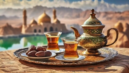 Tea set with an ornate pot and cups. A scenic desert city reflects the warmth of Middle Eastern culture - obrazy, fototapety, plakaty