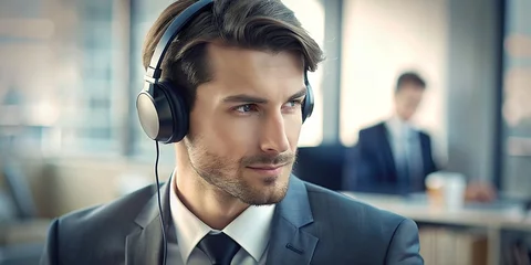 Muurstickers Closeup of Young Man in Suit Listening to Music in Headphones © bingo