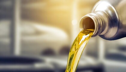 Golden oil flows from a bottle. Advertisement for engine oil change. Refinement and commercial production. Copy space with blurred backdrop.