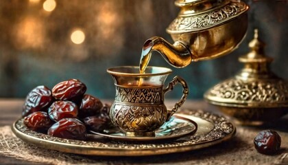 Traditional Arabian teapot pouring tea with dates on table. An ornate pot, engraved with designs,...