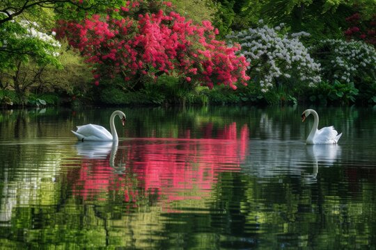 Swans glide on a reflective pond fringed by vibrant pink and white blossoms