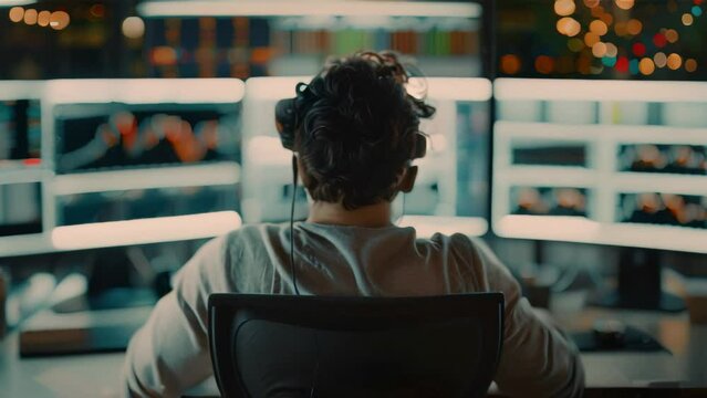 Trader analyzing financial market data on multiple computer screens. Stock trading and business concept with rear view for design and corporate use