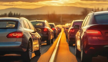 Fototapeta premium Vehicles caught in a sunset commute on a congested highway. Cars queue bumper-to-bumper, bathed in the evening's golden glow, awaiting progression.