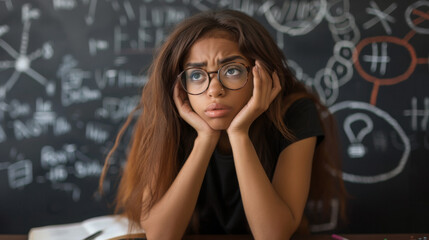 A thoughtful student rests her chin on her hands against a backdrop of complex equations on a chalkboard.